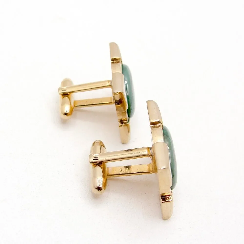 Vintage Hickok Cufflinks Gold Tone Green Slag Marbled Cabochon MCM Groom Formal